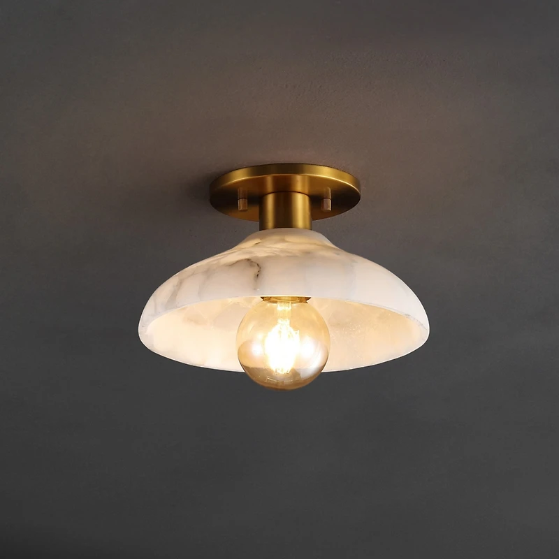 Jonathan Y Amara 10" 1-Light Mid-Century Classic Alabaster/Iron Led Semi Flush Mount, White/Brass Gold