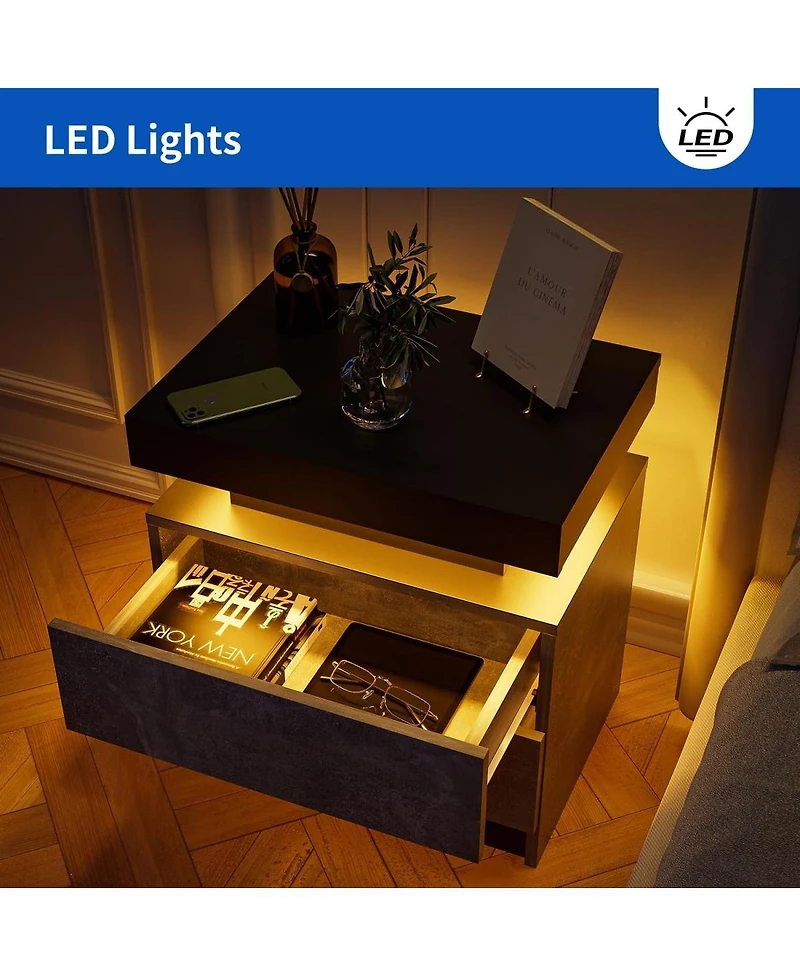 Simplie Fun Nightstand Led Bedside Table Cabinet Lights Modern End Side With 2 Drawers For Bedroom (Gray)