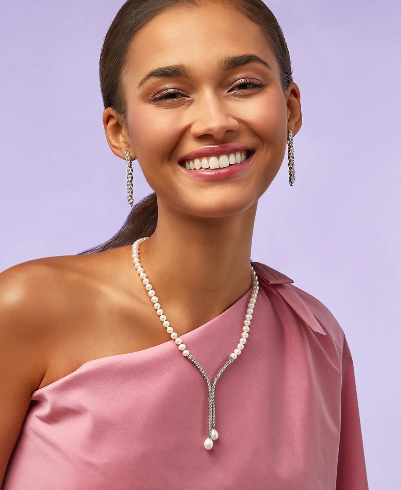 Arabella Cultured Freshwater Pearl (5mm & 10 x 8mm) & Cubic Zirconia Lariat Necklace in Sterling Silver, Created for Macy's