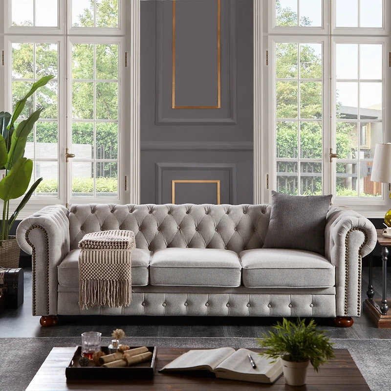 Streamdale Furniture Chesterfield Sofa In Linen Fabric (Light Grey)