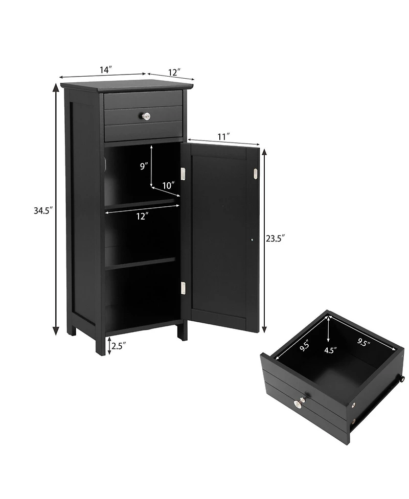 Slickblue Wooden Bathroom Floor Storage Cabinet with Drawer and Shelf-Black