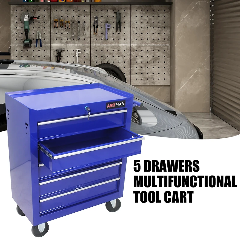 Simplie Fun 5 Drawers Multifunctional Tool Cart With Wheels-Blue