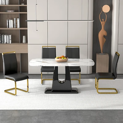 1 table and 4 chairs. Modern, simple and luxurious white imitation marble rectangular dining table and desk with 4 black Pu gold plated leg chairs 63&