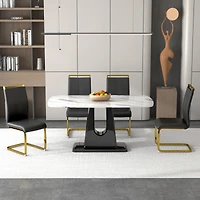 1 table and 4 chairs. Modern, simple and luxurious white imitation marble rectangular dining table and desk with 4 black Pu gold plated leg chairs 63&