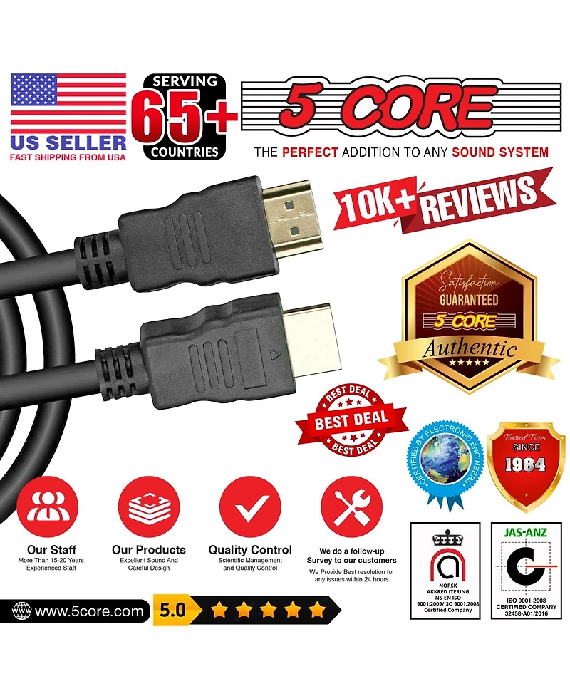 5 Core Hdmi Cable • Shieldied 8K 10K Long Hdmi Cord 48Gbps 6 Ft • 4K 120Hz Supports All Hdmi Devices- Hdmi 6F Blk