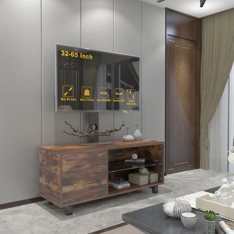 Rustic Brown Tv Console With Push-To-Open Storage Cabinet For Tv Up To 65In Wood & Glass