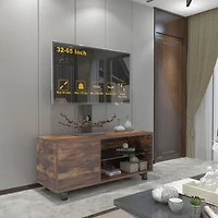 Rustic Brown Tv Console With Push-To-Open Storage Cabinet For Tv Up To 65In Wood & Glass