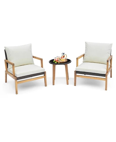 3 Pcs Outdoor Furniture Set with Cushioned Chairs and Tempered Glass Side Table