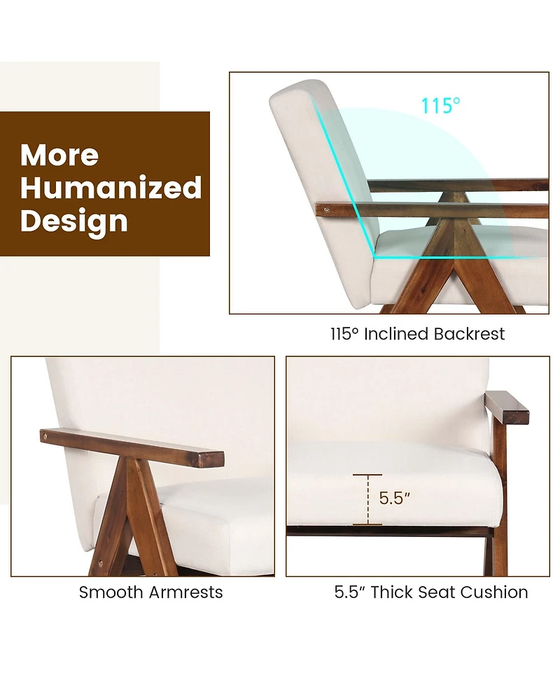 2 Pcs Modern Accent Chair Linen Fabric Armchair with Solid Acacia Wood Frame