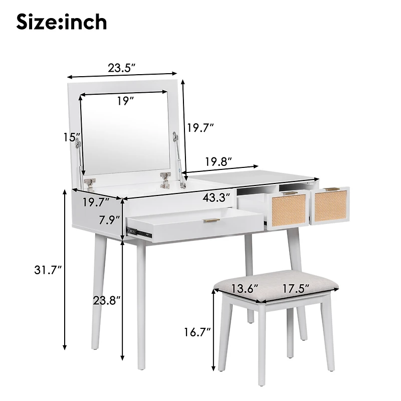 Streamdale 43" Wood Makeup Vanity Set with Mirror, Stool & Storage