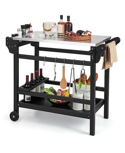 Movable Outdoor Dining Cart Table with Stainless Steel Tabletop, Seasoning Tray