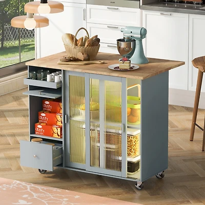 Streamdale Blue Kitchen Island Cart With Led Light And Drop Leaf