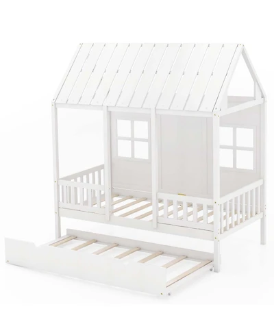Twin Size House Bed with Trundle Fence Decor Wooden Windows Tall Roof