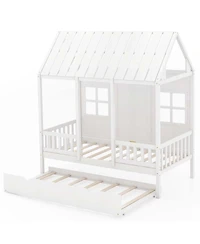 Twin Size House Bed with Trundle Fence Decor Wooden Windows Tall Roof