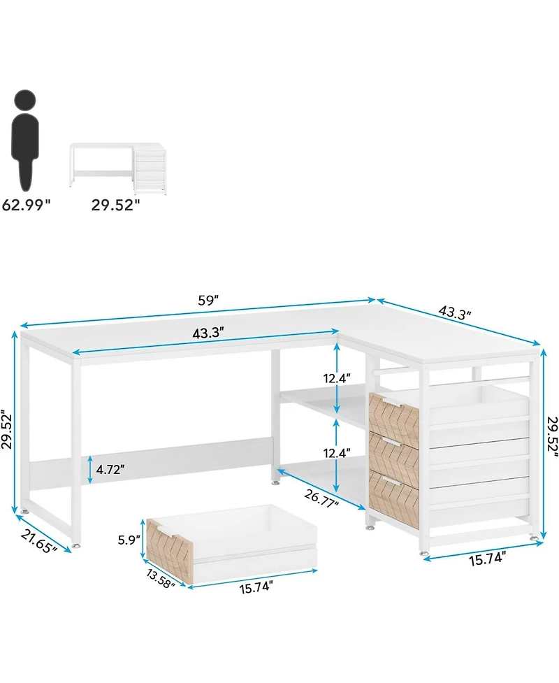 Tribesigns L Shaped Computer Desk with Storage Drawers, 59 inch Corner Desk with Shelves, Reversible L-Shaped Office Desk Study Writing Table Workstat