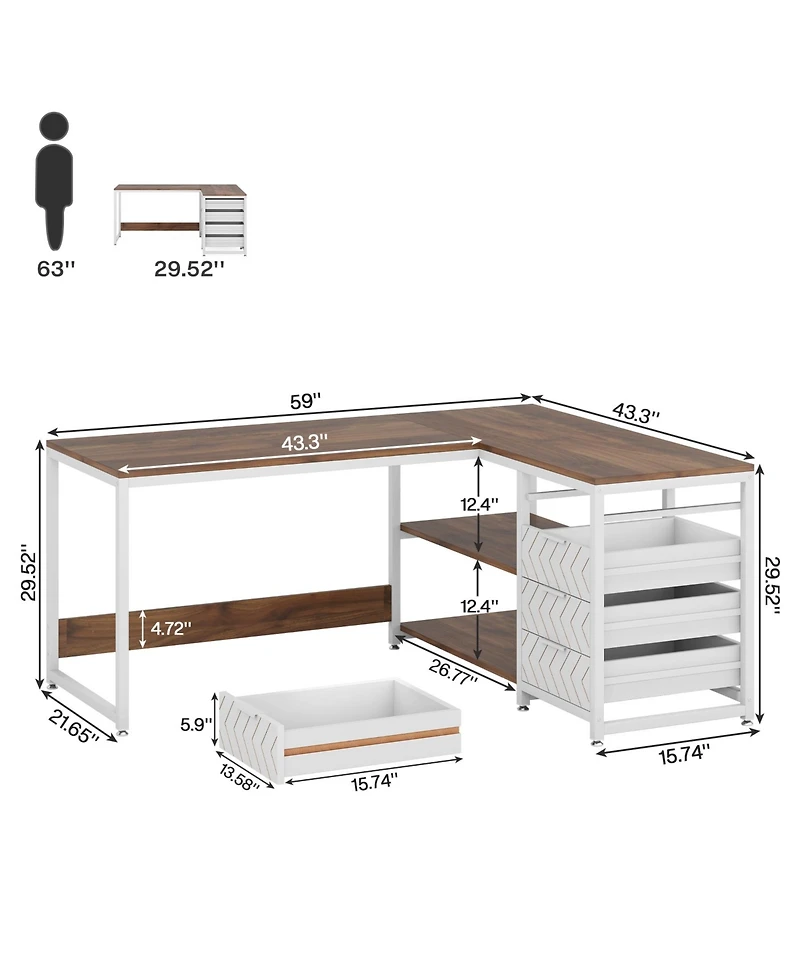 Tribesigns L Shaped Computer Desk with Storage Drawers, 59 inch Corner Desk with Shelves