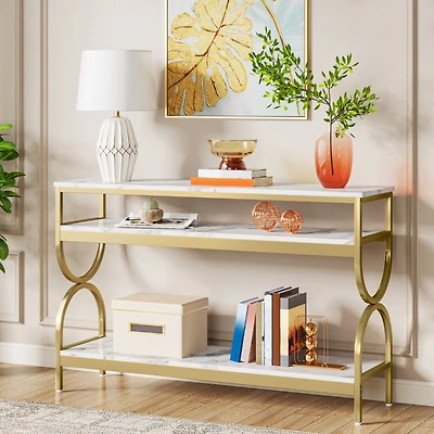 Tribesigns 3-Tier Console Table, 55 inch Sofa Table with Open Storage Shelves, Narrow Long Hallway/Entryway Table with Faux Marble Top for Home Living