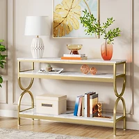Tribesigns 3-Tier Console Table, 55 inch Sofa Table with Open Storage Shelves, Narrow Long Hallway/Entryway Table with Faux Marble Top, White & Gold