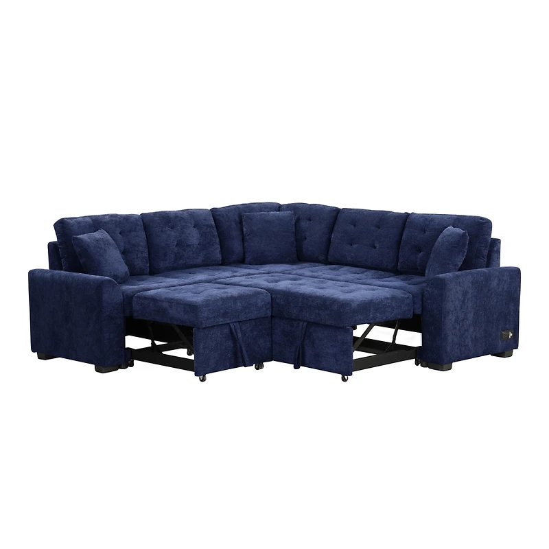Simplie Fun 82.6" L-Shape Sofa Bed with Usb Ports and Wheels, Navy Blue