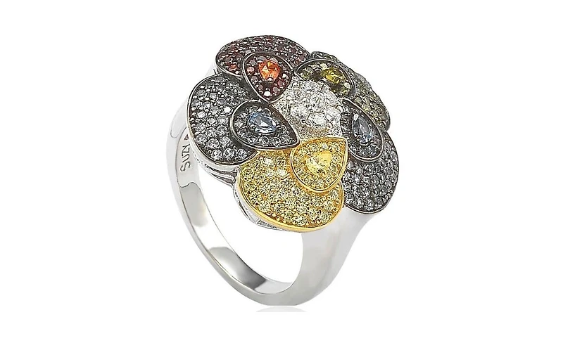 Suzy Levian Sterling Silver Cubic Zirconia Pave Multi-Color Flower Ring