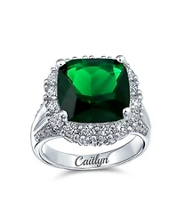 Bling Jewelry Large Fashion Solitaire Cubic Zirconia Pave Cz Cushion Cut 7CTW Green Cocktail Statement Ring