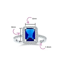 Bling Jewelry 3CT Cz Pave Band Rectangle Solitaire Halo Royal Blue Emerald Cut Promise Ring Sterling Silver