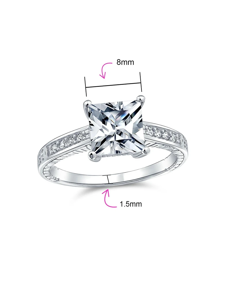 Bling Jewelry Classic Cubic Zirconia 3CT Square Cz Princess Cut Solitaire Promise Ring Sterling Silver Milgrain Pave Band