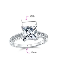 Bling Jewelry Classic Cubic Zirconia 3CT Square Cz Princess Cut Solitaire Promise Ring Sterling Silver Milgrain Pave Band