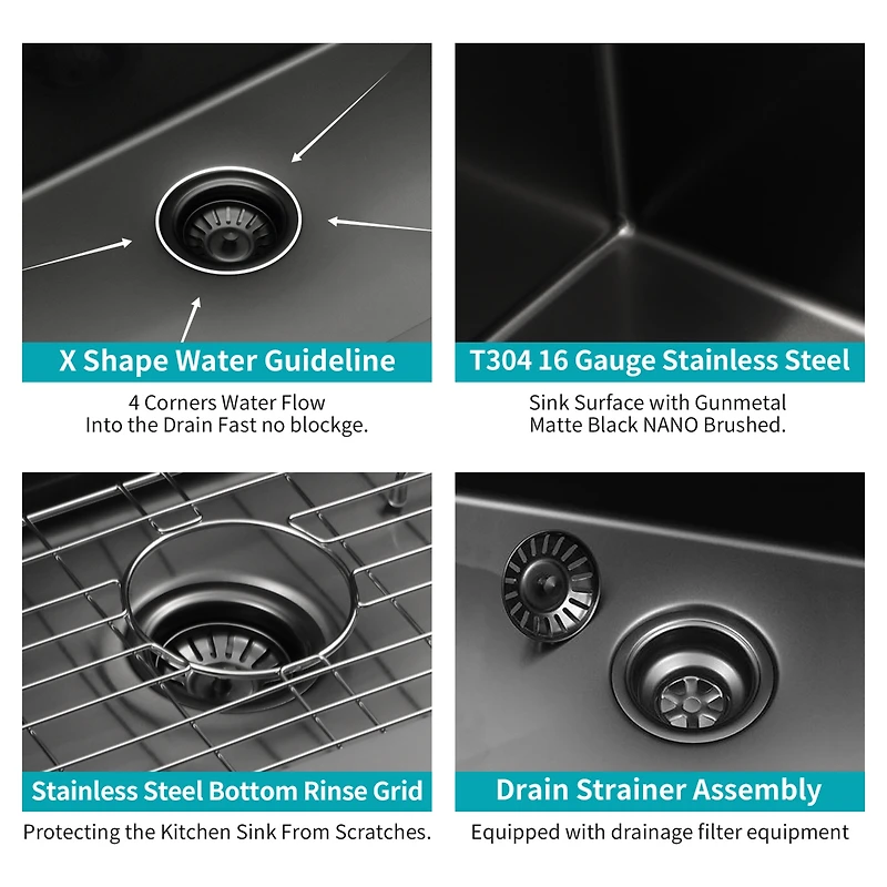 Streamdale 10" Deep Gunmetal Black Stainless Steel Kitchen Sink