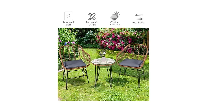 Slickblue 3 Pieces Patio Rattan Bistro Set with Cushion