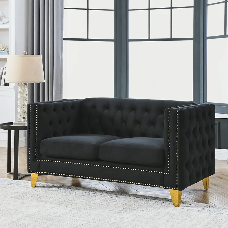 Streamdale Furniture Black Velvet Tufted Sofa with Metal Legs