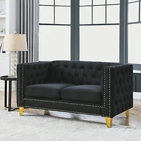 Streamdale Furniture Black Velvet Tufted Sofa with Metal Legs