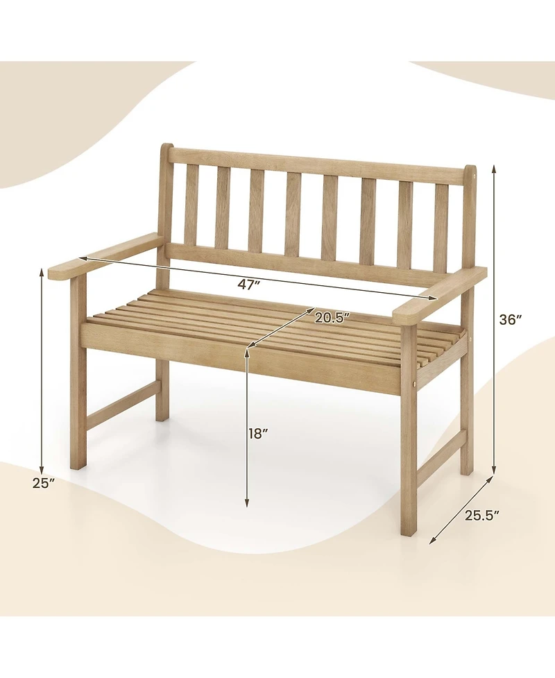 Teak Wood Garden Bench 2-Person Patio Bench with Backrest & Armrests