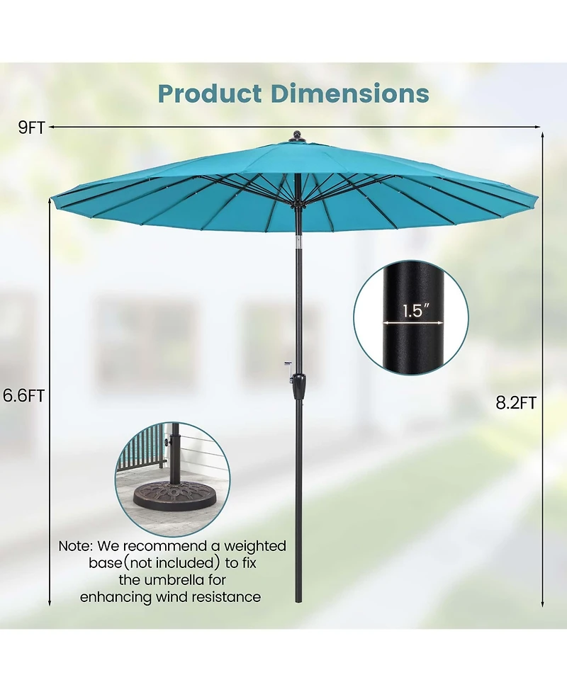 9 Ft Patio Round Market Umbrella with Push Button Tilt, Crank Handle
