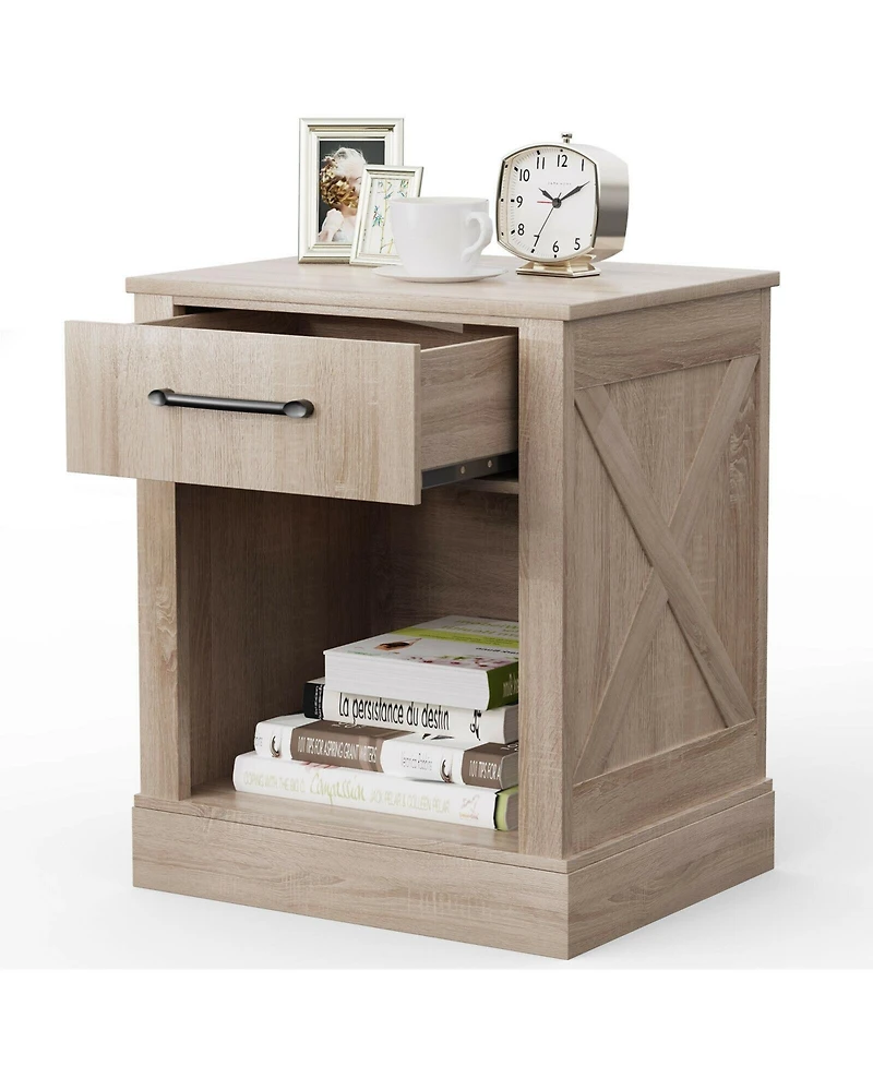 Sugift Compact Nightstand with Drawer and Open Compartment-Beige