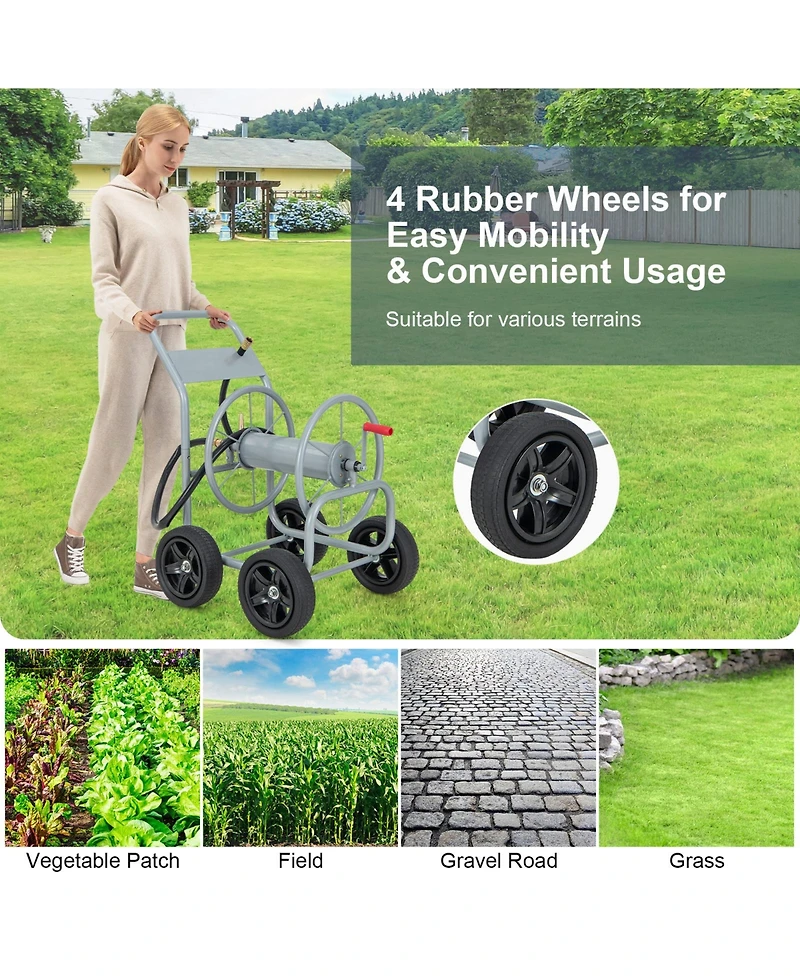 Inolait Garden Water Hose Reel Cart with 4 Wheels and Non-slip Grip - Silver