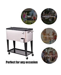 Costway Patio Cooler Rolling Outdoor Stainless Steel Ice Beverage Chest Pool