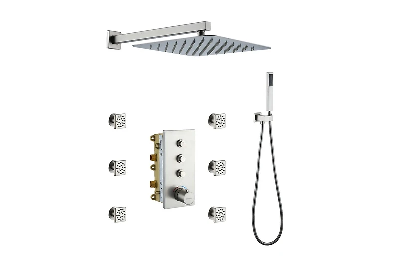 Casainc 3 Functions 12 Inch Wall Mount Thermostatic Shower System with 6 Body Jets
