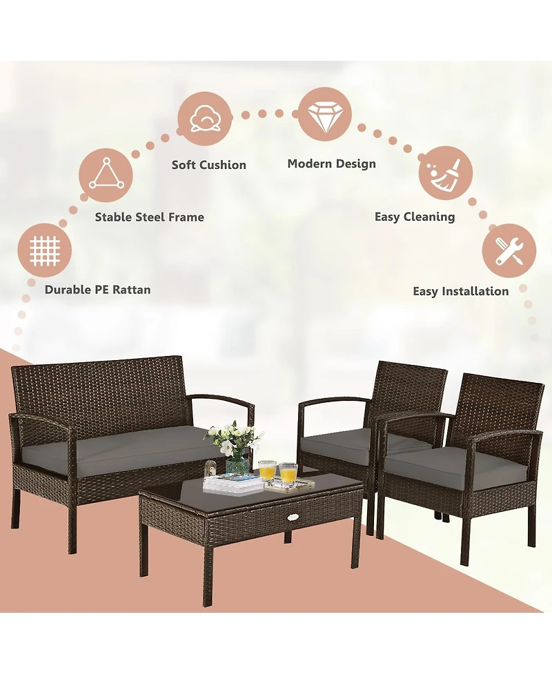 Sugift 4 Pieces Patio Rattan Cushioned Furniture Set with Loveseat and Table