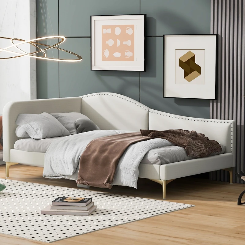 Streamdale Twin Size Upholstered Daybed With Headboard And Armrest, Support Legs
