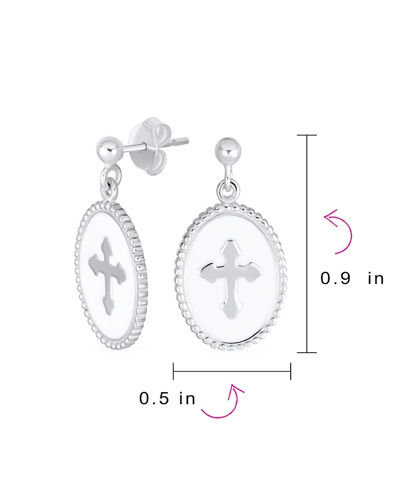 Bling Jewelry Christian Religious Spiritual White Enamel Oval Fleur De Lis Dangle Cross Earrings Sterling Silver