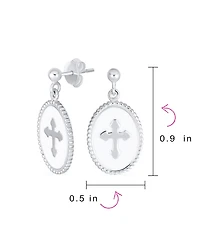 Bling Jewelry Christian Religious Spiritual White Enamel Oval Fleur De Lis Dangle Cross Earrings Sterling Silver
