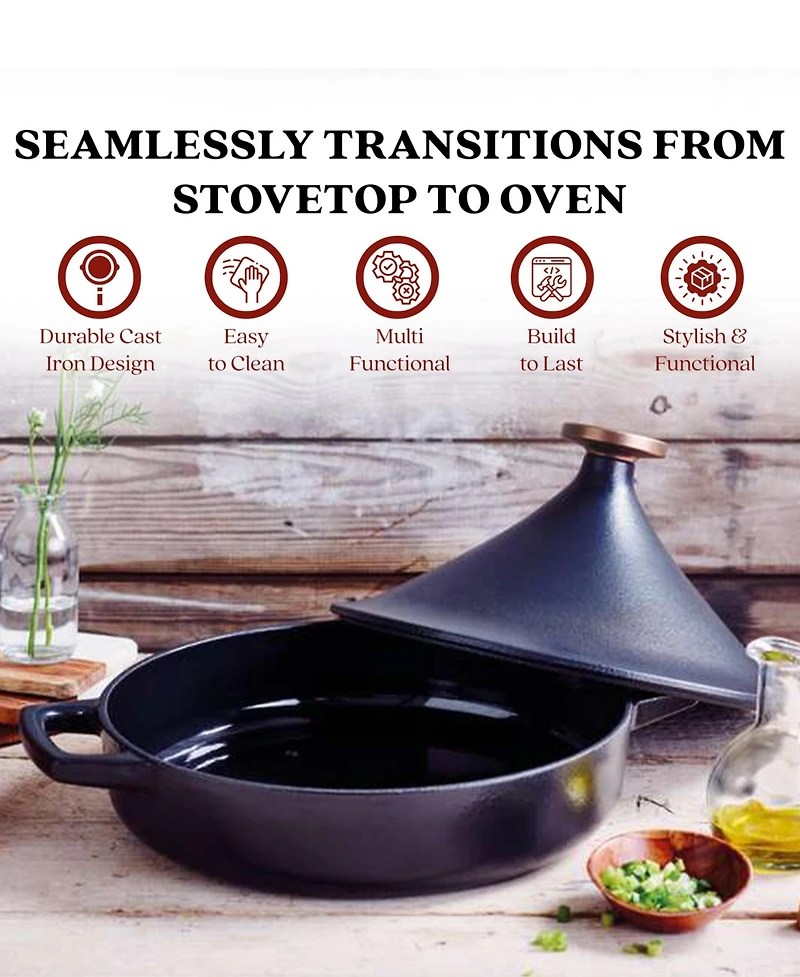 Alva Nori 3Qt Enameled Cast Iron Authentic Moroccan Tagine with Bronze Gold Knob