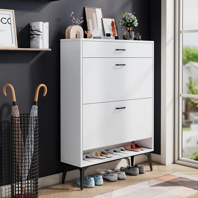Streamdale Shoe Cabinet, Shoe Storage Shelves, Metal Leg, White