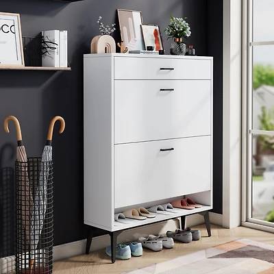 Streamdale Shoe Cabinet, Shoe Storage Shelves, Metal Leg, White