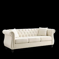 Streamdale Furniture Beige Velvet Chesterfield Sofa with Tufted Couch and Nailhead Trim