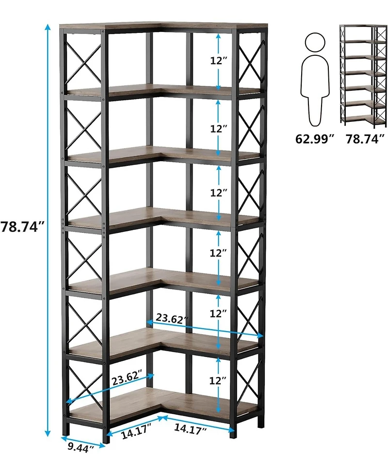 Tribesigns 7 Shelf Corner Bookcase, Industrial Large Bookshelf, 7-Tier Tall Storage Display Rack with Metal Frame for Living Room