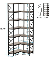 Tribesigns 7 Shelf Corner Bookcase, Industrial Large Bookshelf, 7-Tier Tall Storage Display Rack with Metal Frame for Living Room