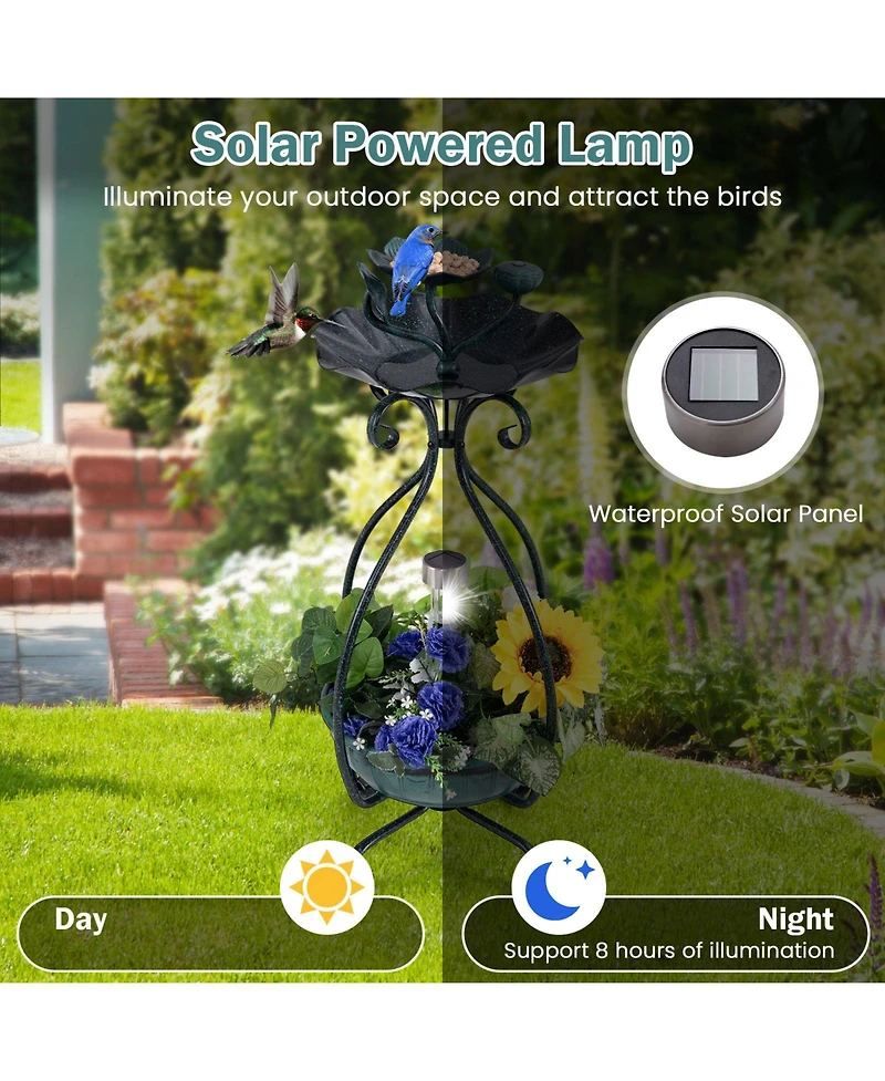 Slickblue Solar Outdoor Bird Bath Feeder Combo with Flower Planter Pedestal and Lights