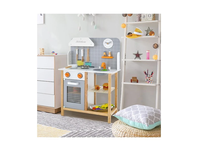 Slickblue Wooden Toddler Pretend Kitchen Set with Cookware Accessories for Boys and Girls-Grey